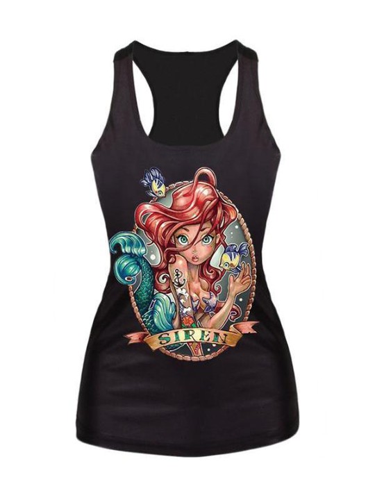 Konur Ariel hafmeyjan stafræn prentun bolur klúbbur Gothic pönk bolur (svartur)