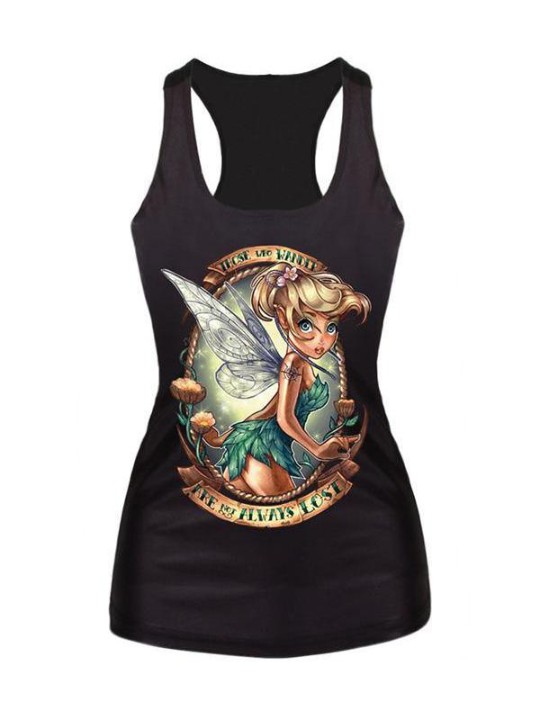 Naiset Pixie Digital Print Tank Top Clubwear Gothic Punk T-paita (musta)