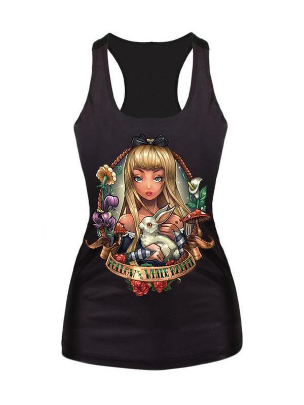 Kvinder Alice i Eventyrland Digital Print Tank Top Clubwear Gothic Punk T-Shirt (Sort)
