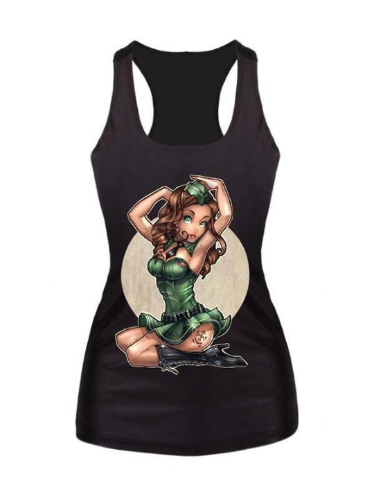 Women Pin Up Military Girl Digital Print Tank Top Clubwear Gothic Punk T-Shirt(Black)