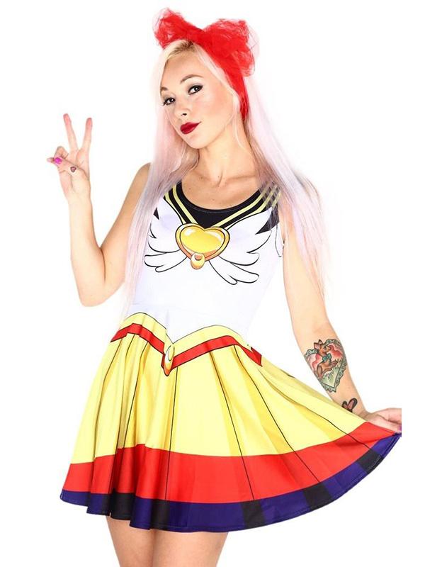 Damemode Digital Print Sailor Moon Mercury Venus Chib Moon Uniform Kjole