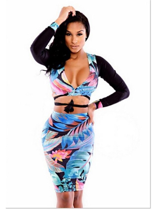 Moda Cor Natural Manga Longa De Duas Peças Digital Folhas de Impressão Saia Set Inverno Clube Desgaste Saia Bodycon Vestido