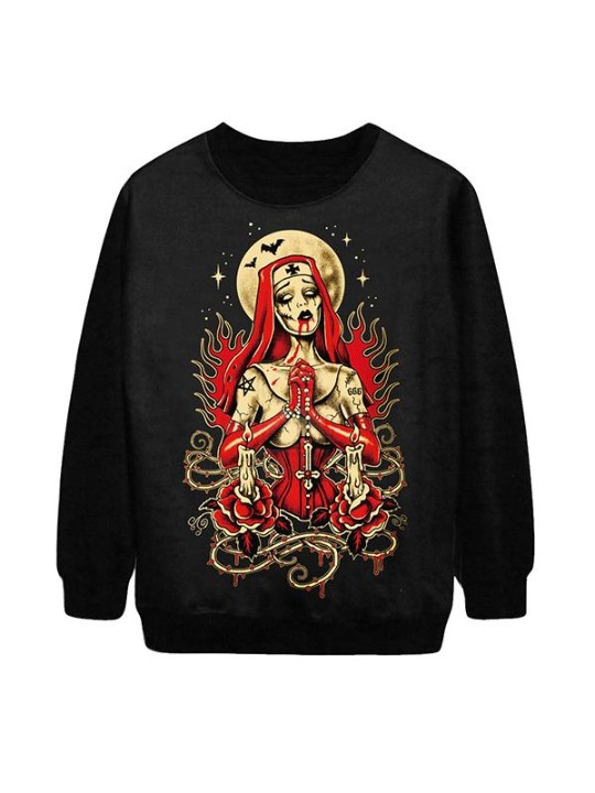 Sweat-shirt à capuche à manches longues à imprimé numérique pour infirmière en prière gothique pour femmes (noir)