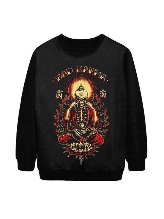 Damemode Bad karma Digital Print Langærmede hættetrøjer Sweatshirts &amp; hættetrøjer (sort)