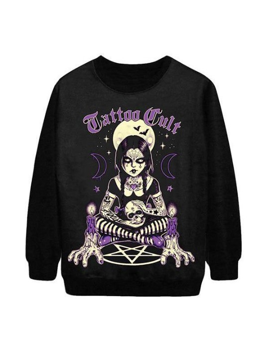 Moda Feminina Tattoo Cult Girl Digital Imprimir Camisolas de Manga Longa e Hoodies (Black)