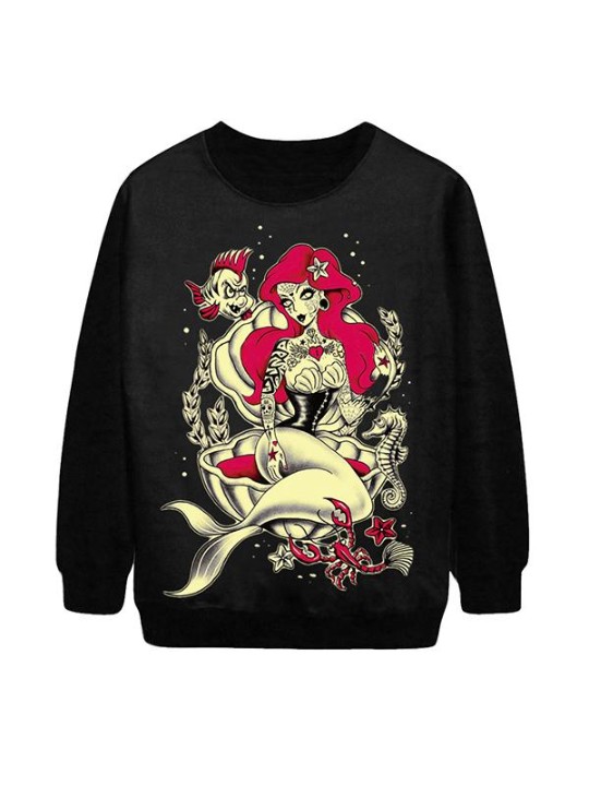 Nýtt tíska kvenna Gothic Cult hafmeyjan Stafrænt hettupeysa með langerma, hettupeysa (svart)