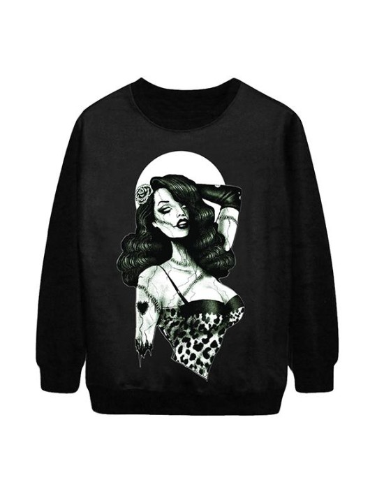 Moda feminina gótico Vintage beleza Digital impressão manga longa camisola Hoodies das mulheres (preto)