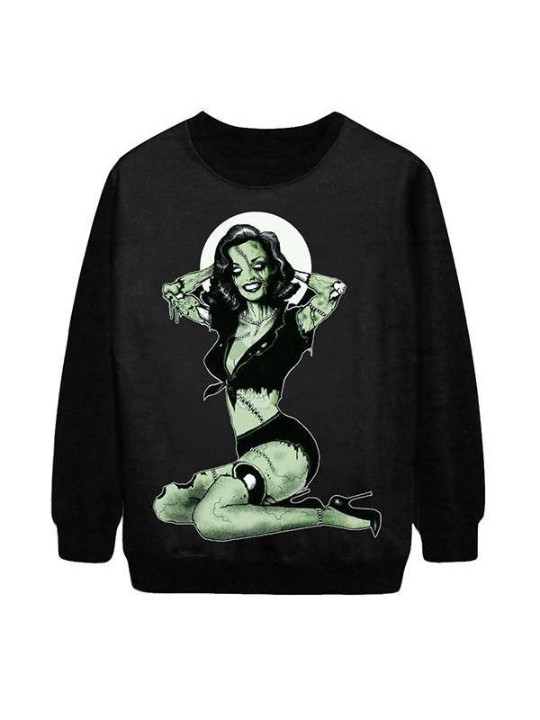 Women's Fashion zombie beauty moon Digital Print Long Sleeve Hoodies Sweatshirt (Black)