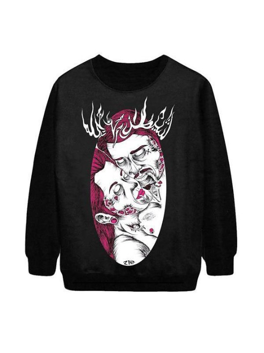 Moda Feminina cult casais Digital Print manga comprida Hoodies Sweatshirt (Black)
