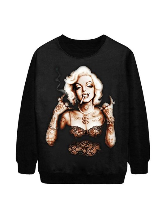 Naisten uusi goottilainen muodin tatuointi Marilyn Monroe -digitaalipainettu pitkähihainen huppari (musta)