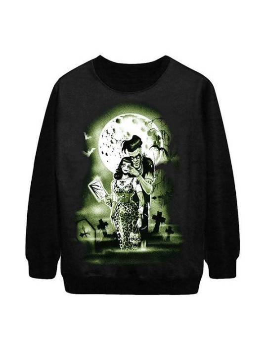 Moda feminina zumbi casais impressão digital de manga longa camisola hoodies (preto)