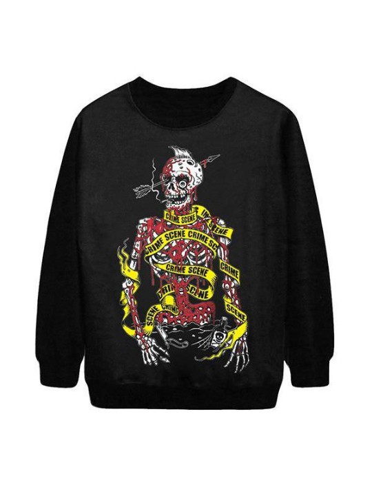 Damemode gerningssted Digital Print Langærmet hættetrøjer Sweatshirt (sort)