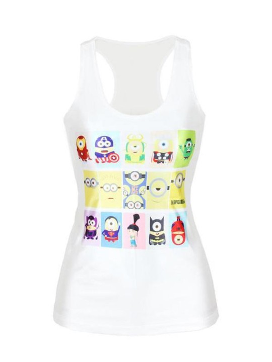 T-shirt sans manches imprimé 3d de dessin animé mignon pour femmes (blanc)