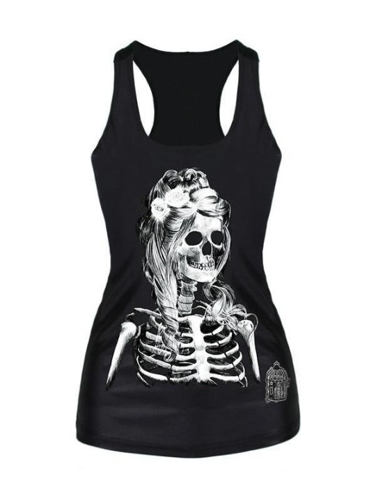 Kvinnors Skeleton Skull Bride Digital Printed Sleeveless T Shirt Vest Tank Tops (Black)