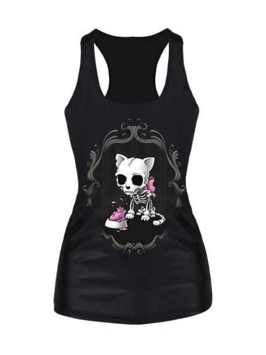 Mujeres cráneo gatito Digital impreso sin mangas camiseta chaleco Tank Tops (negro)