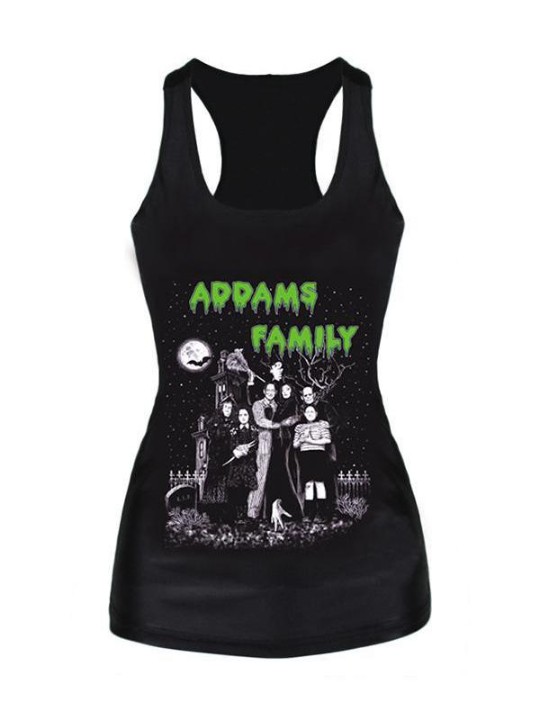 Womens Addams Família Digital Impresso mangas T Shirt Vest Regatas (preto)