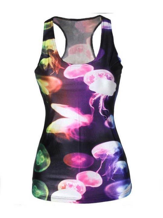 T-shirt sans manches imprimé numérique pour femmes Jelly Fish Débardeurs (noir)