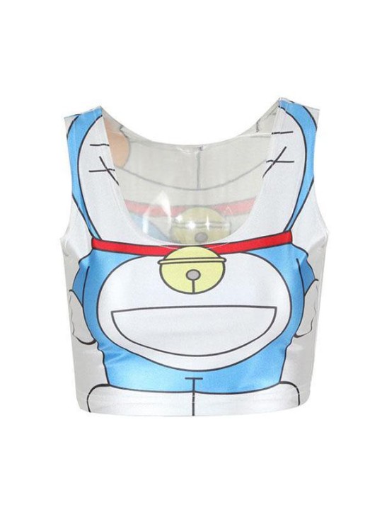 Ermalaus kvenna DORAEMON Emotion Digital Print Crop Top (hvítt)
