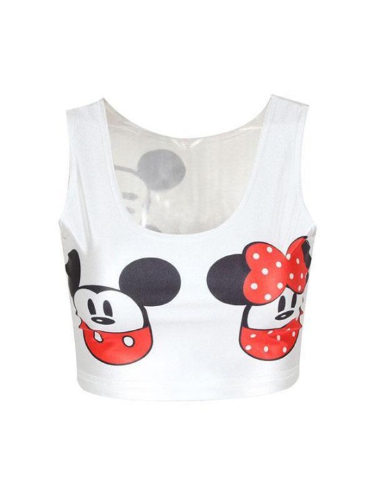 Mickey feminino sem mangas e Minnie Emotion Top Digital Crop Top (Branco)