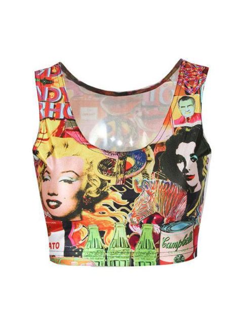 Crop Tops Pop Art Emotion Imprimé Numérique Sans Manches Femme (Multicolore)
