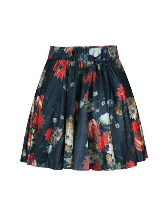 Women's vintage floral Digital Print High Waist A-line Flared Pleated Skater Mini Skirts (Black)