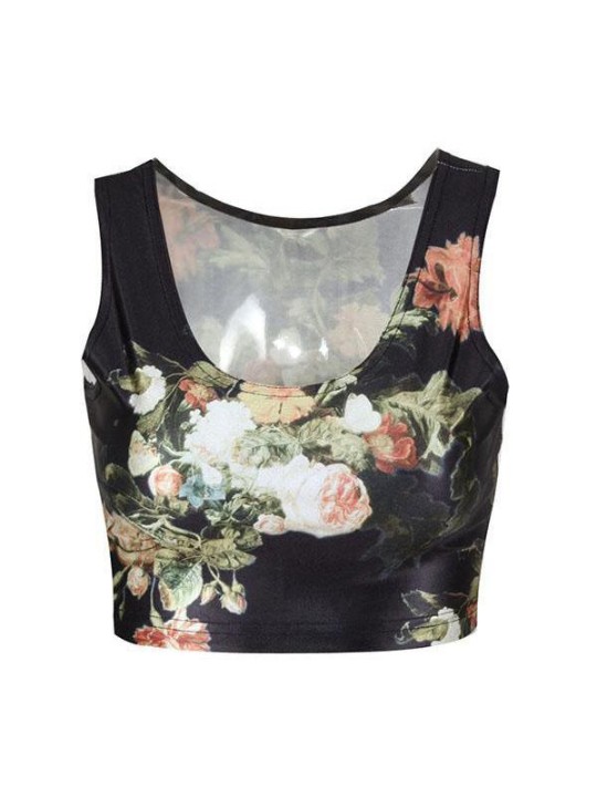 Sem mangas floral vintage feminino Emoção Digital Print Crop Top (Black)