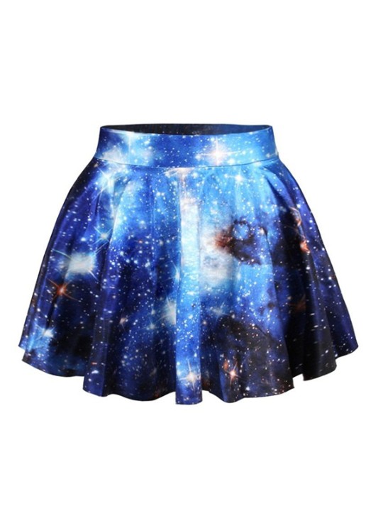 Mode Rockability Blue Galaxy Print Short Dress Kjol Flared Plisserad