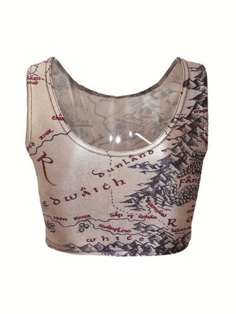 Women's Sleeveless middle earth map Emotion Digital Print Crop Top (Beige)