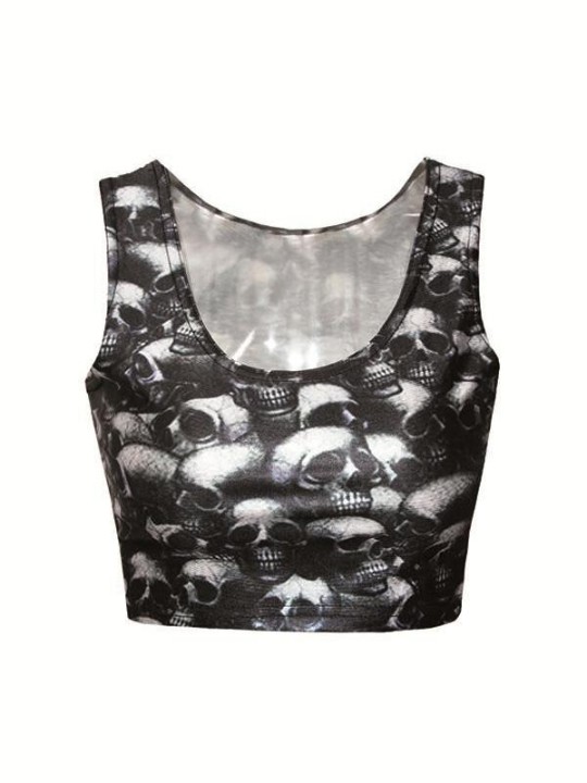 Crânio sem mangas feminino Emotion Digital Print Crop Top (Black)