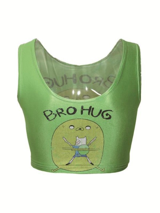 Women's Sleeveless adventure time bro hug Emotion Digital Print Crop Top (Green)