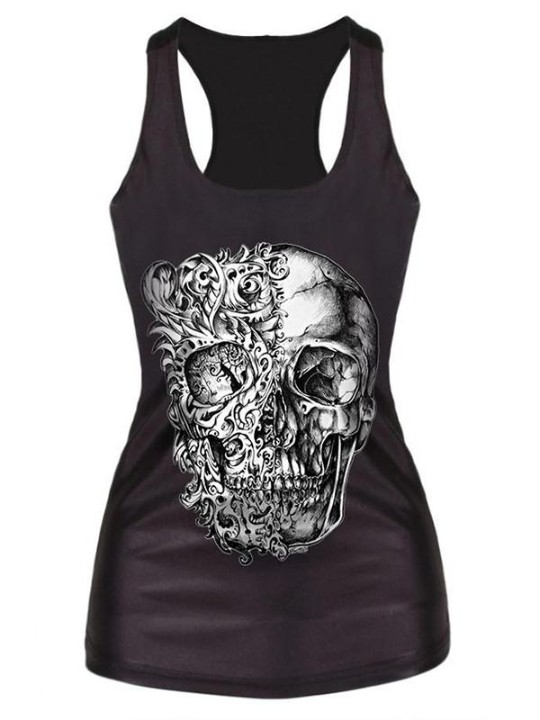 Nova Moda das Mulheres Steampunk Crânio Digital Impresso Sem Mangas T Shirt Vest Tanque Engraçado Tops