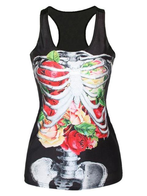 Womens Floral Skeleton Digital Printed Sleeveless T Shirt Vest Tank Tops