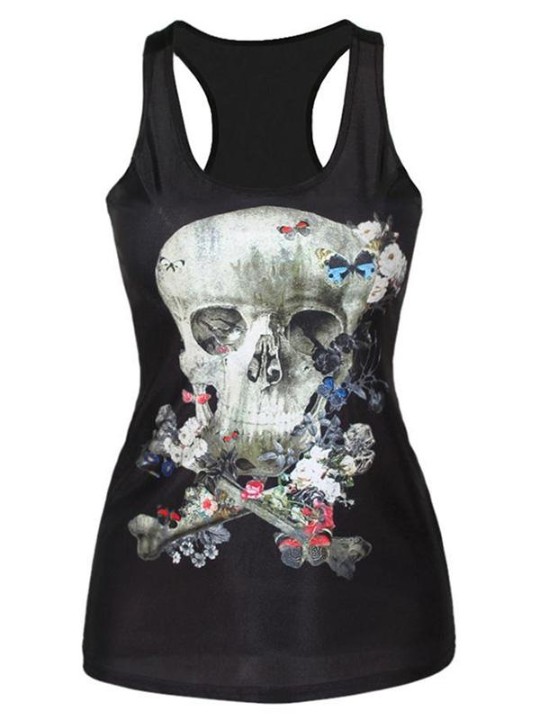 T-shirt sans manches imprimé numérique crâne floral pour femme Débardeurs