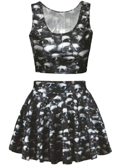 Naisten kallo tulosta Crop Tank Top laskostettu Skater Mini hameet