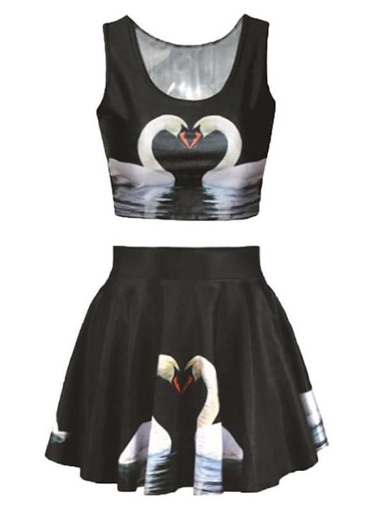 Naisten Swan Print Crop Tank Top Laskostettu Skater Mini Hameet