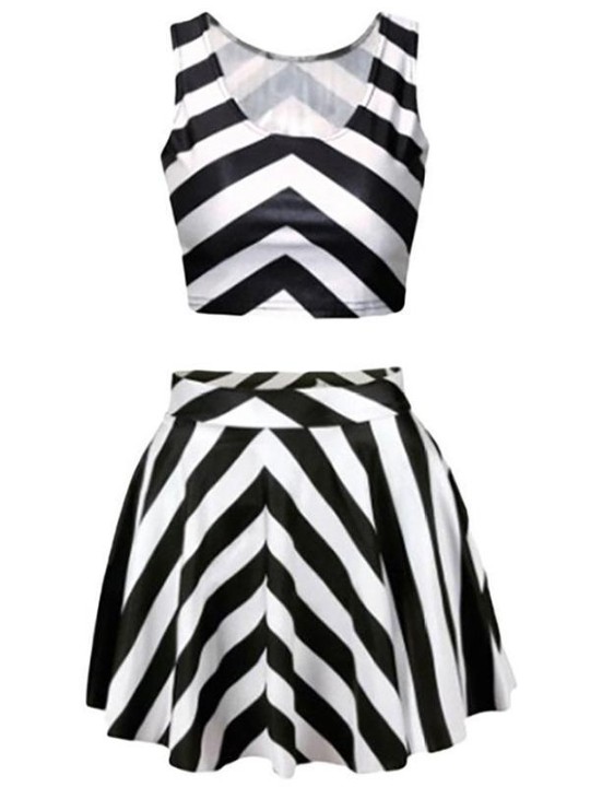 Women Black Strip Print Crop Tank Top Pleated Skater Mini Skirts Set