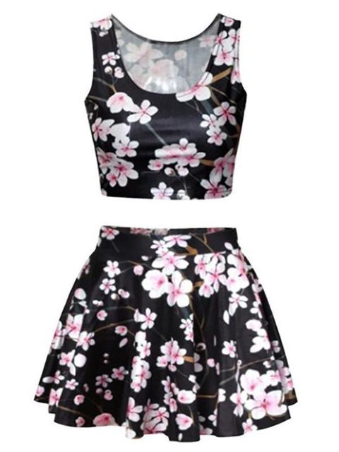 Naisten persikka tulosta Crop Tank Top laskostettu Skater Mini hameet