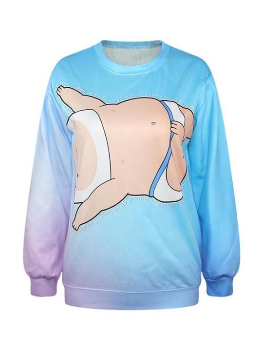 Women's Fashion Adventure Time Finn Pattern Digital Print Long Sleeve Sweatshirts & Hoodies (Blue)