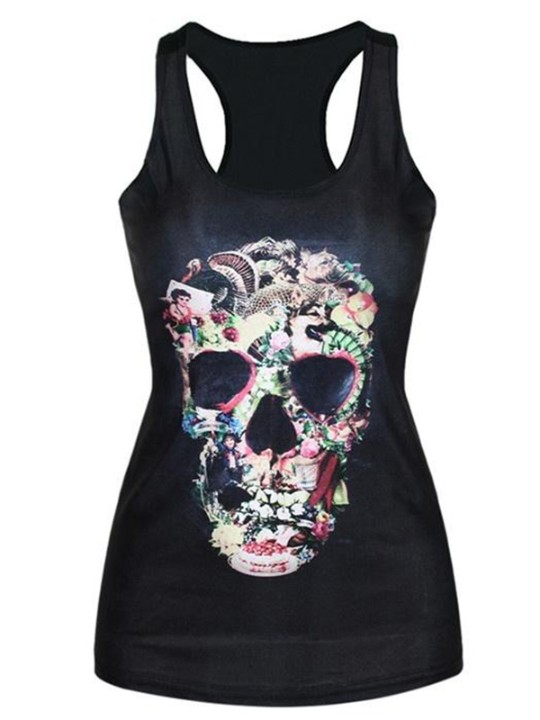 barnmode Tank Tops Black Floral Skull Digital Print Gothic Steampunk T-shirts