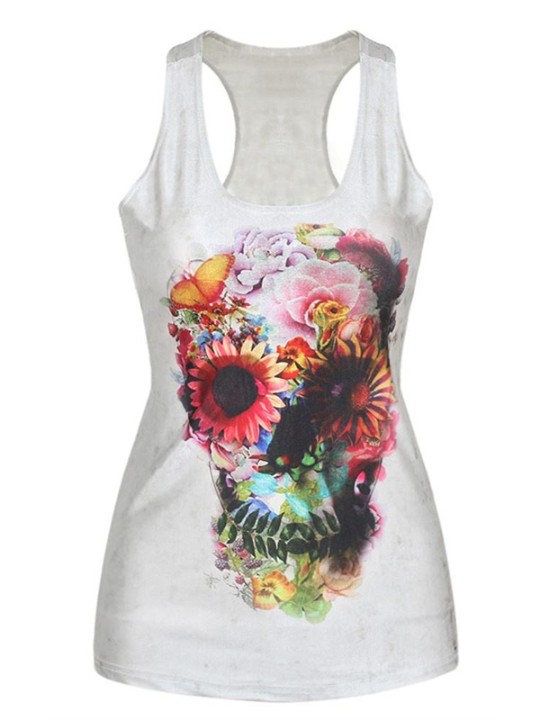 Kvinnor Sommar Vit Blommig Skalle Digital Print Tank Tops Clubwear Gothic Punk T-Shirt Clothing Tanks