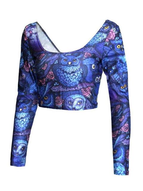 Naisten pitkähihaiset paidat Pöllöpainettu pyöreä kaula-aukko selkä- ja edessä