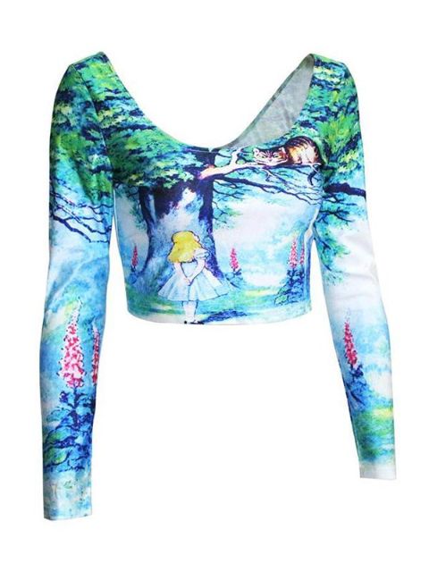 Chemises à manches longues pour femmes Alice Imprimé Col rond Col rond Dos et devant Crop Tops