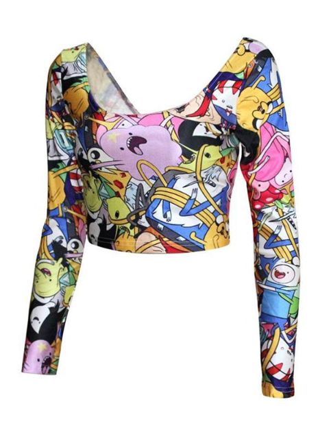 Camisas de manga comprida femininas Impressão de tempo de aventura Scooped em volta do pescoço para trás e frente Tops de colheita