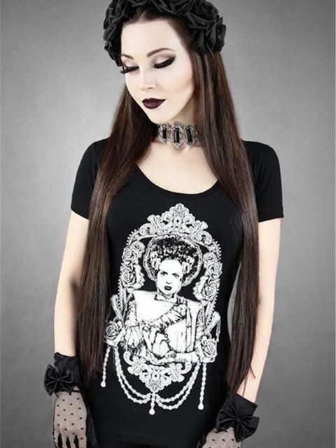 Laadukas Rockability Punk Tank Gothic Lyhythihainen T-paita Digitaalinen painatus Zombie Beauty Top