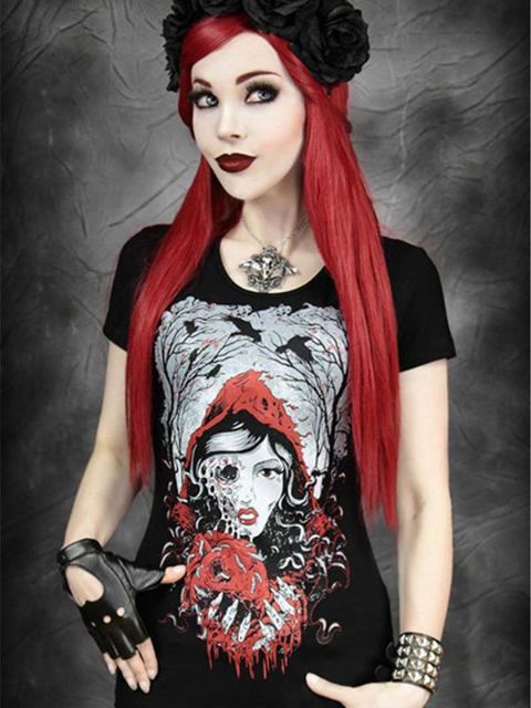 Hög kvalitet Rockability Punk Tank Gothic kortärmad T-shirt Digital Print Zombie Beauty Top