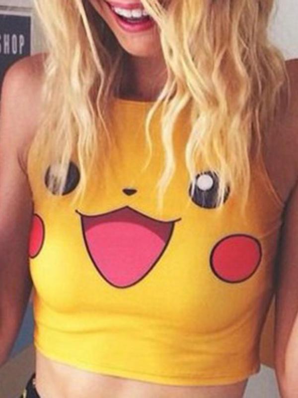 Naisten muoti 2015 Keltainen sarjakuva Pikachu Print Hihaton Crop Vest Tyttöjen T-paita