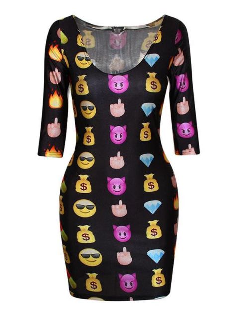 Womens Emoji 3d Digital Print Half Sleeve Low-cut Bodycon Dress