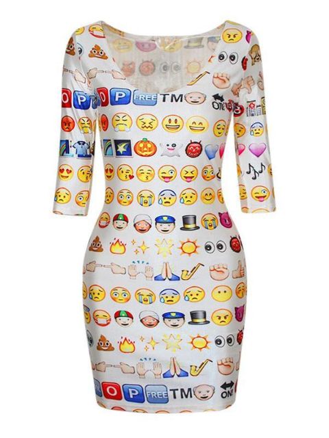 Womens Emoji 3d Digital Print Half Sleeve Low-cut Bodycon Dress
