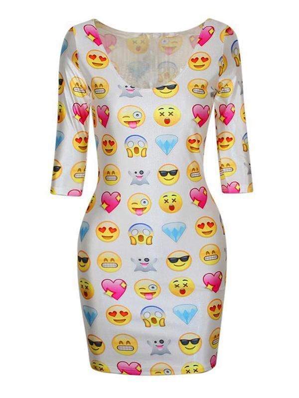 Womens Emoji 3d Digital Print Half Sleeve Low-cut Bodycon Dress