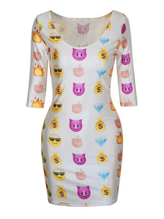 Womens Emoji 3d Digital Print Half Sleeve Low-cut Bodycon Dress